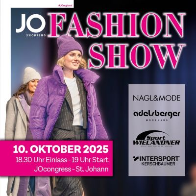 Ein Pflicht-Termin für alle Mode-Begeisterten:
Bei der großen JOregional Modeschau am Freitag, 10. Oktober um 18.30 im JOcongress zeigen Nagl&Mode, Adelsberger, Sport Wielandner...